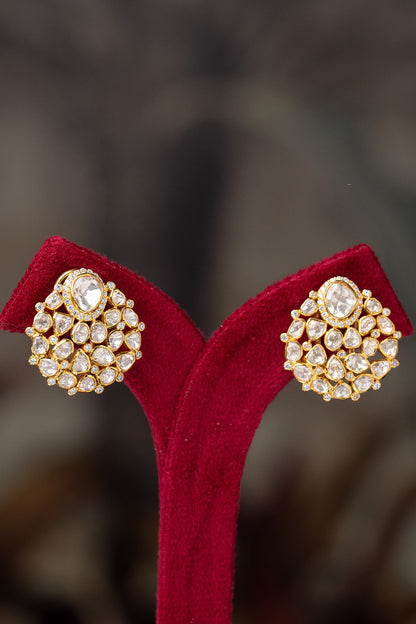 Gold Plated Moissanite Polki & Zirconia Stud Earrings In Sterling Silver