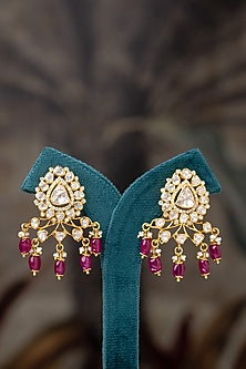 Gold Plated Moissanite Polki & Pink Stone Stud Earrings In Sterling Silver