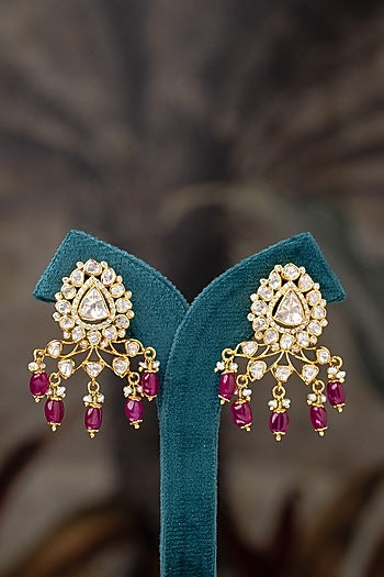 Gold Plated Moissanite Polki & Pink Stone Stud Earrings In Sterling Silver