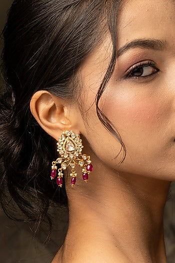 Gold Plated Moissanite Polki & Pink Stone Stud Earrings In Sterling Silver