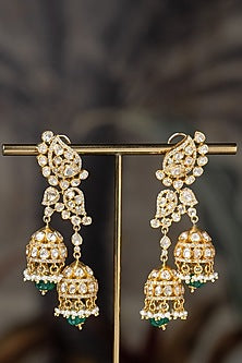 Gold Plated Moissanite Polki & Green Glass Stone Dangler Earrings In Sterling Silver