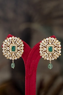 Gold Plated Moissanite Polki & Green Carved Stone Stud Earrings In Sterling Silver