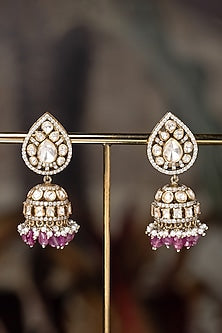 Gold Plated Moissanite Polki & Purple Stone Dangler Earrings In Sterling Silver