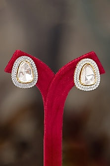 Gold Plated Moissanite Polki & Zirconia Diamond Stud Earrings In Sterling Silver