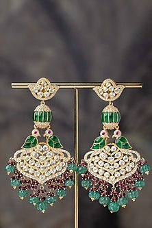 Gold Plated Moissanite Polki & Green Synthetic Stone Dangler Earrings In Sterling Silver