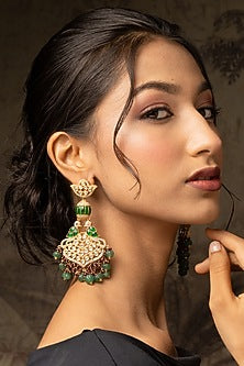 Gold Plated Moissanite Polki & Green Synthetic Stone Dangler Earrings In Sterling Silver