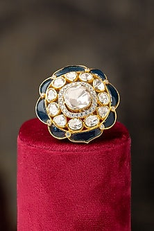 Gold Plated Moissanite Polki & Blue Synthetic Stone Ring In Sterling Silver