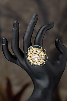 Gold Plated Moissanite Polki & Blue Synthetic Stone Ring In Sterling Silver