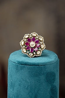 Gold Plated Moissanite Polki & Purple Synthetic Stone Ring In Sterling Silver