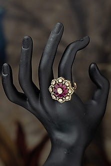 Gold Plated Moissanite Polki & Purple Synthetic Stone Ring In Sterling Silver