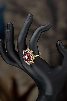 Gold Plated Moissanite Polki & Purple Synthetic Stone Ring In Sterling Silver