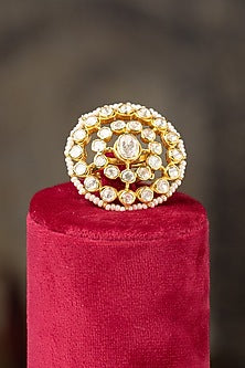 Gold Plated Moissanite Polki & Pearl Ring In Sterling Silver