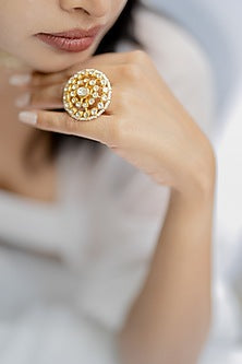 Gold Plated Moissanite Polki & Pearl Ring In Sterling Silver