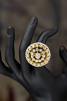 Gold Plated Moissanite Polki & Pearl Ring In Sterling Silver