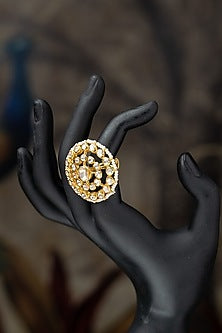 Gold Plated Moissanite Polki & Pearl Ring In Sterling Silver