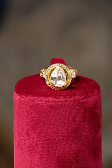 Gold Plated Moissanite Polki & Red synthetic Stone Ring In Sterling Silver