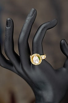 Gold Plated Moissanite Polki & Red synthetic Stone Ring In Sterling Silver