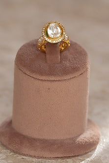 Gold Plated Moissanite Polki & Red synthetic Stone Ring In Sterling Silver