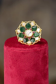 Gold Plated Moissanite Polki & Dark Green Glass Stone Ring In Sterling Silver