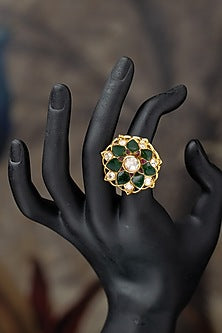 Gold Plated Moissanite Polki & Dark Green Glass Stone Ring In Sterling Silver