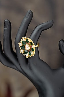 Gold Plated Moissanite Polki & Dark Green Glass Stone Ring In Sterling Silver