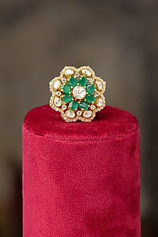 Gold Plated Moissanite Polki & Green Glass Stone Ring In Sterling Silver