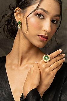 Gold Plated Moissanite Polki & Green Glass Stone Ring In Sterling Silver