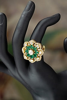 Gold Plated Moissanite Polki & Green Glass Stone Ring In Sterling Silver