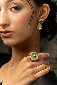 Gold Plated Moissanite Polki & Green Glass Stone Ring In Sterling Silver