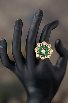 Gold Plated Moissanite Polki & Green Glass Stone Ring In Sterling Silver