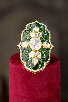 Gold Plated Moissanite Polki & Green Synthetic Stone Ring In Sterling Silver