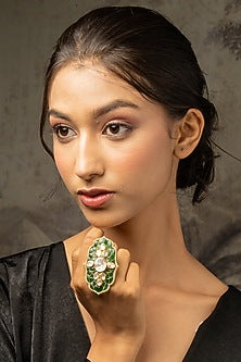 Gold Plated Moissanite Polki & Green Synthetic Stone Ring In Sterling Silver
