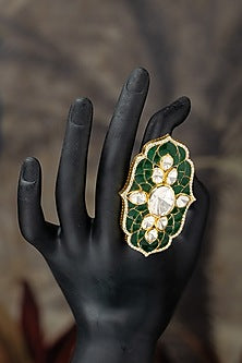 Gold Plated Moissanite Polki & Green Synthetic Stone Ring In Sterling Silver