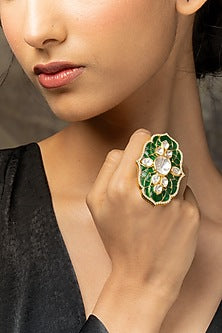 Gold Plated Moissanite Polki & Green Synthetic Stone Ring In Sterling Silver