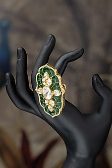 Gold Plated Moissanite Polki & Green Synthetic Stone Ring In Sterling Silver