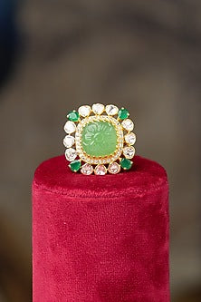 Gold Plated Moissanite Polki & Green Glass Stone Ring In Sterling Silver