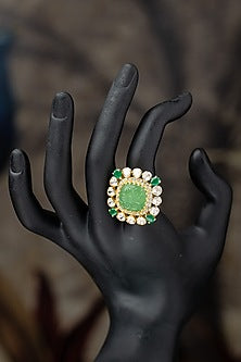 Gold Plated Moissanite Polki & Green Glass Stone Ring In Sterling Silver