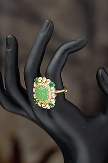 Gold Plated Moissanite Polki & Green Glass Stone Ring In Sterling Silver