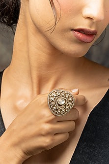 Gold Plated Moissanite Polki & Zirconia Ring In Sterling Silver