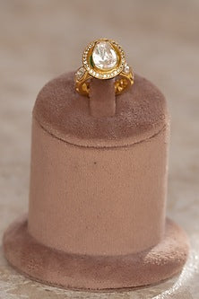 Gold Plated Moissanite Polki & Green Synthetic Stone Ring In Sterling Silver