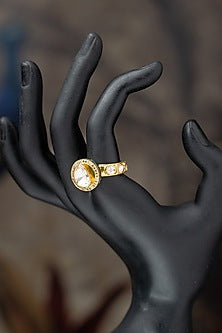 Gold Plated Moissanite Polki & Green Synthetic Stone Ring In Sterling Silver
