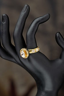 Gold Plated Moissanite Polki & Green Synthetic Stone Ring In Sterling Silver
