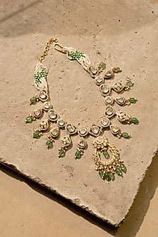 Gold Plated Moissanite Polki & Green Glass Stone Mathapatti In Sterling Silver