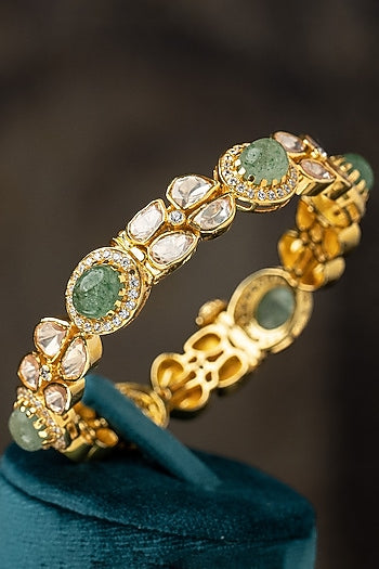 Gold Plated Moissanite Polki & Green Glass Stone Bangle In Sterling Silver