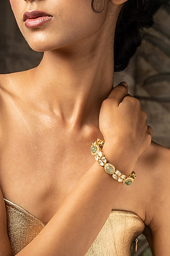 Gold Plated Moissanite Polki & Green Glass Stone Bangle In Sterling Silver