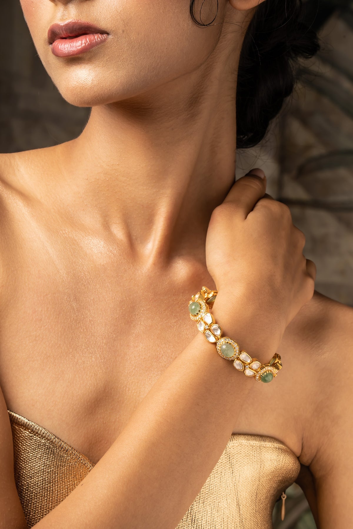 Gold Plated Moissanite Polki & Green Glass Stone Bangle In Sterling Silver