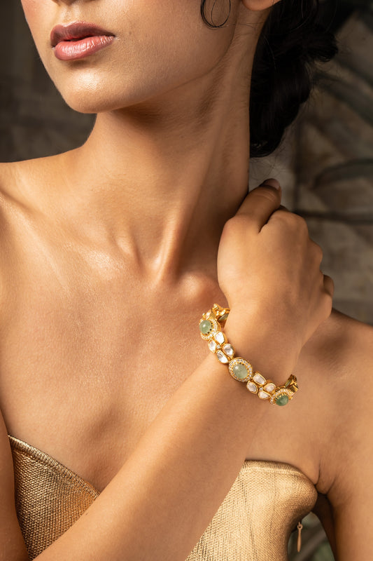 Gold Plated Moissanite Polki & Green Glass Stone Bangle In Sterling Silver