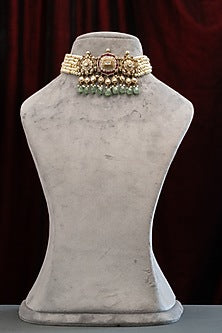 Gold Plated Pearl & Moissanite Stone Handcrafted Choker Necklace Set In Sterling Silver
