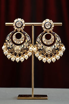 Gold Plated Moissanite Stone & Pearl Jhumka Earrings In Sterling Silver
