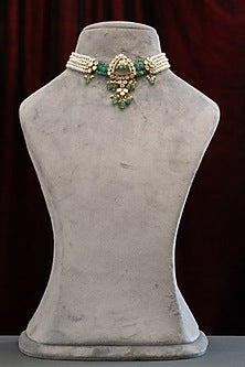 Gold Plated Pearl & Moissanite Stone Handcrafted Choker Necklace Set In Sterling Silver